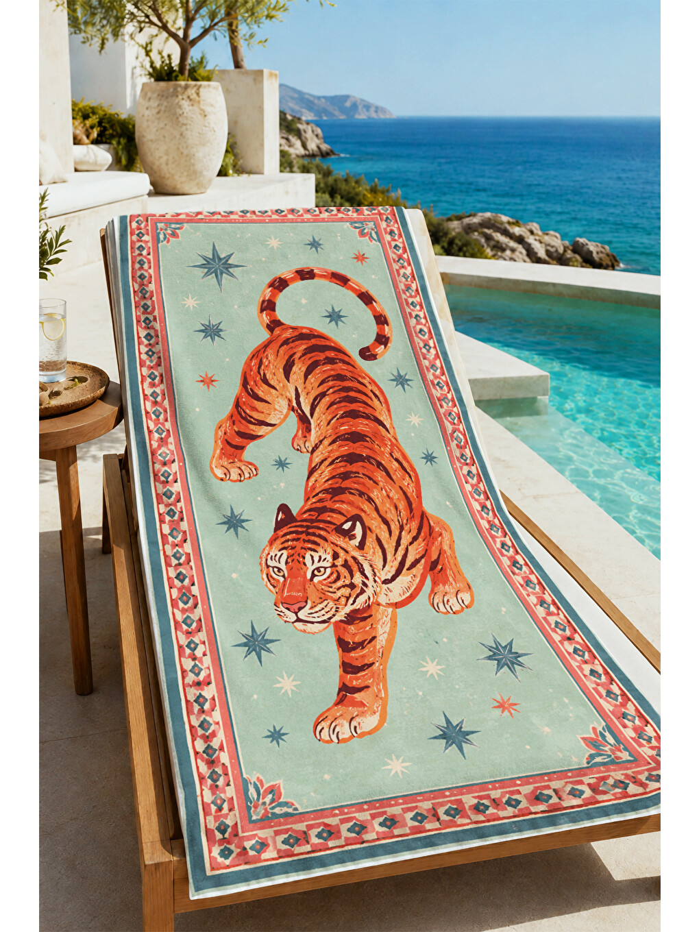 Bej Vintage Safari Kaplan Bordürlü Desenli 70x150 Plaj Havlusu - Dijital Baskılı Solmaz Banyo Havlusu-4