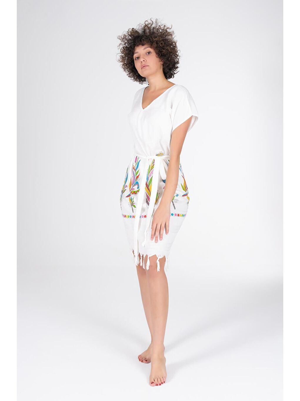 Ekru Baskılı Bambu Plaj Elbisesi-1