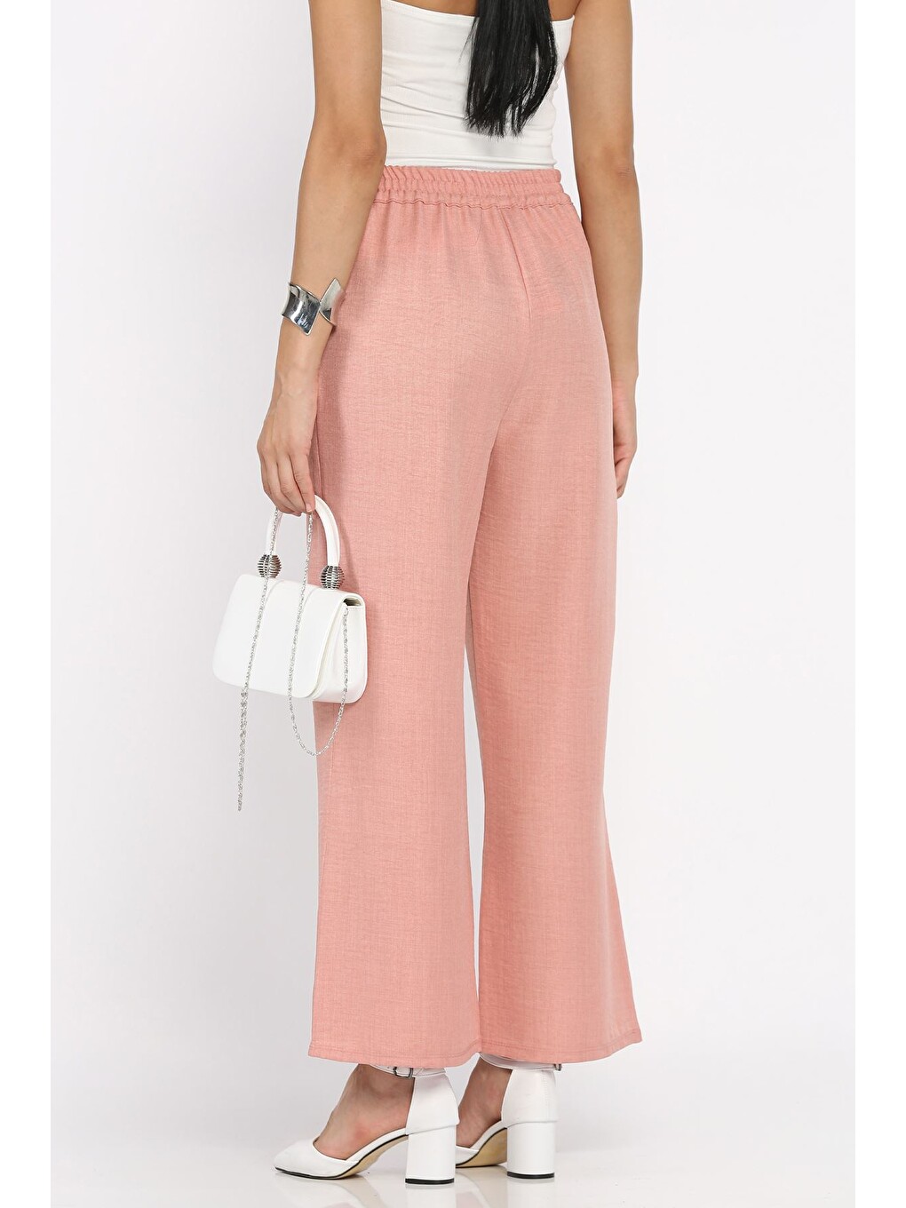 Pembe Kadın Bel Lastikli Bol Paça Pantolon-3