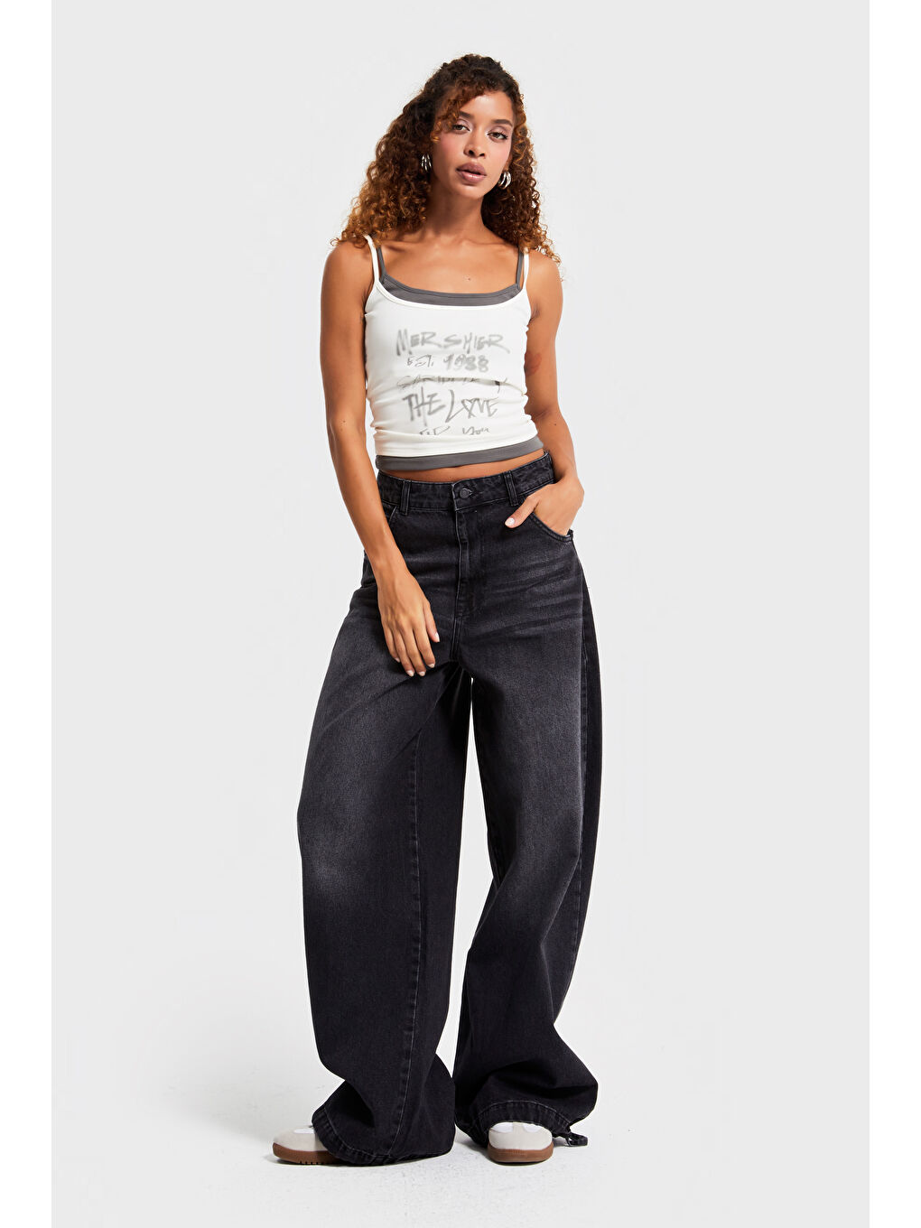 Gri Kadın Füme Renk 2w5-1 Straight Baggy Fit %100 Pamuk Paça Bağcık Detaylı Bol Kesim Denim Jean-4