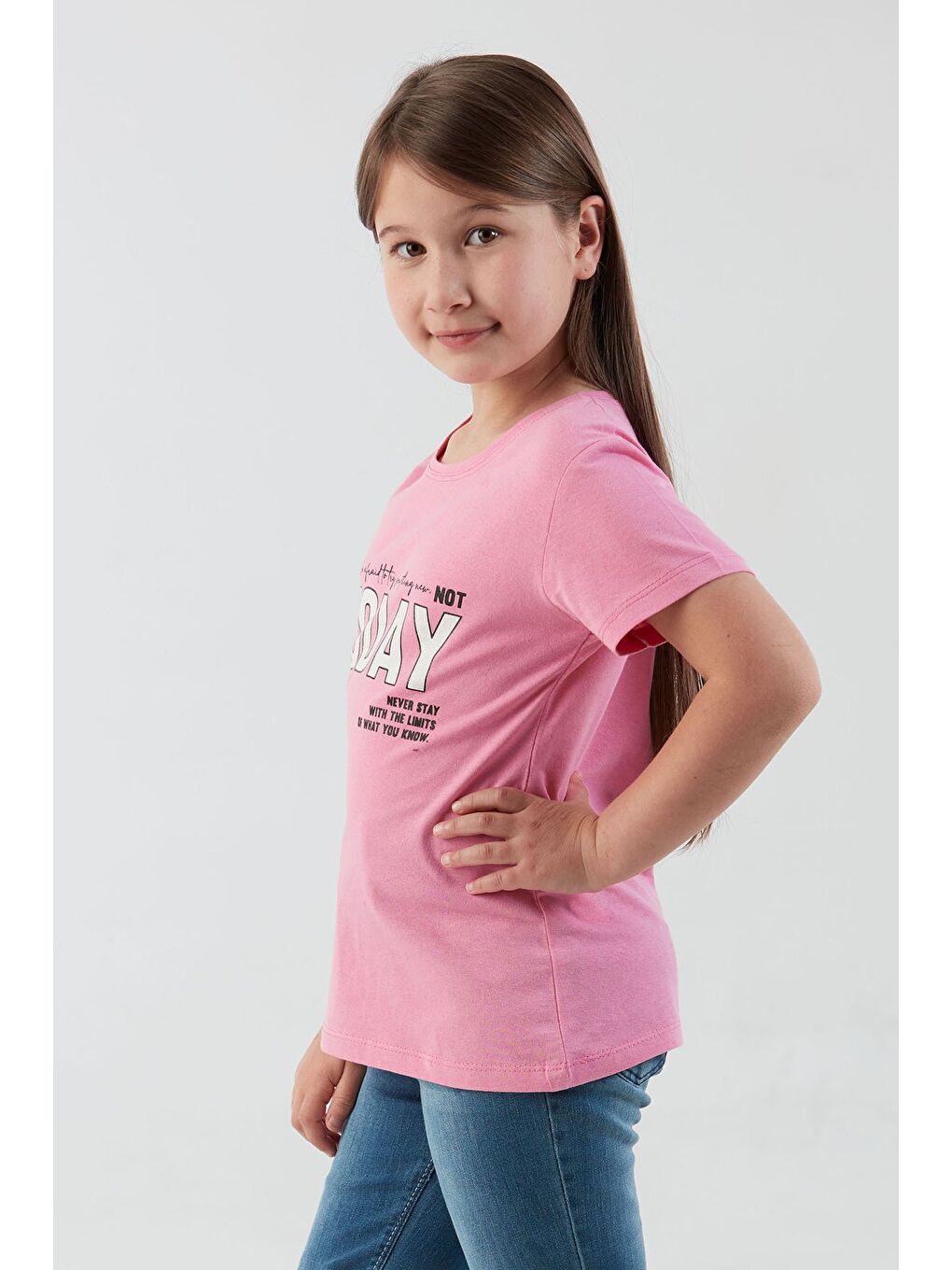 Pembe %100 Pamuk Today Baskılı Kız Çocuk Tişört-1