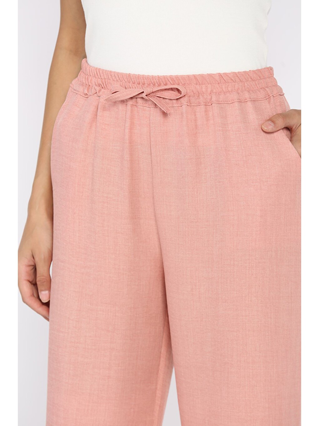 Pembe Kadın Bel Lastikli Bol Paça Pantolon-4