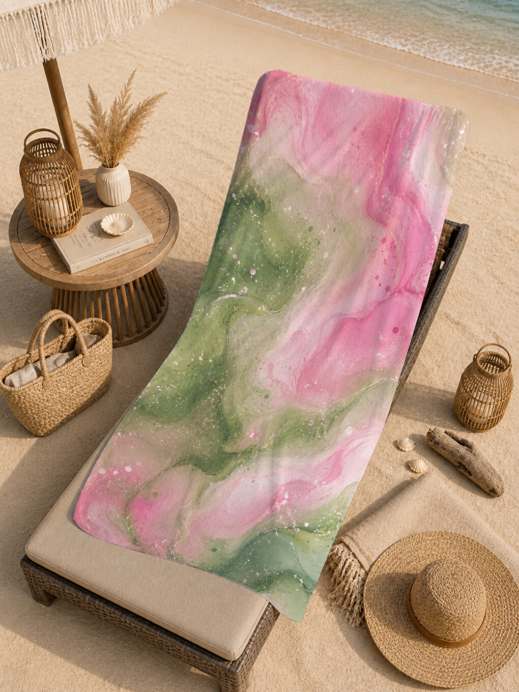 Pastel Suluboya Pembe Yeşil Soyut Mermer Desenli 70x150 Plaj Havlusu - Pamuklu Banyo Havlusu-4