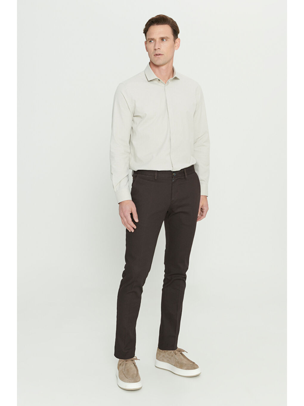 Erkek Kahverengi Slim Fit Dar Kesim Armürlü Esnek Casual Pantolon-3