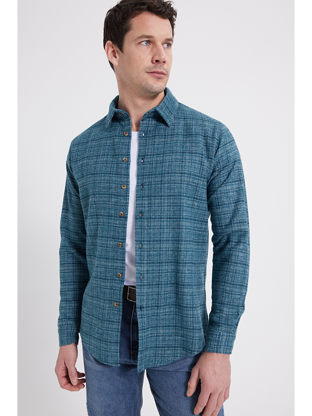 Petrol Erkek Slim Fit Dar Kesim Kareli Kışlık Oduncu Gömlek-6