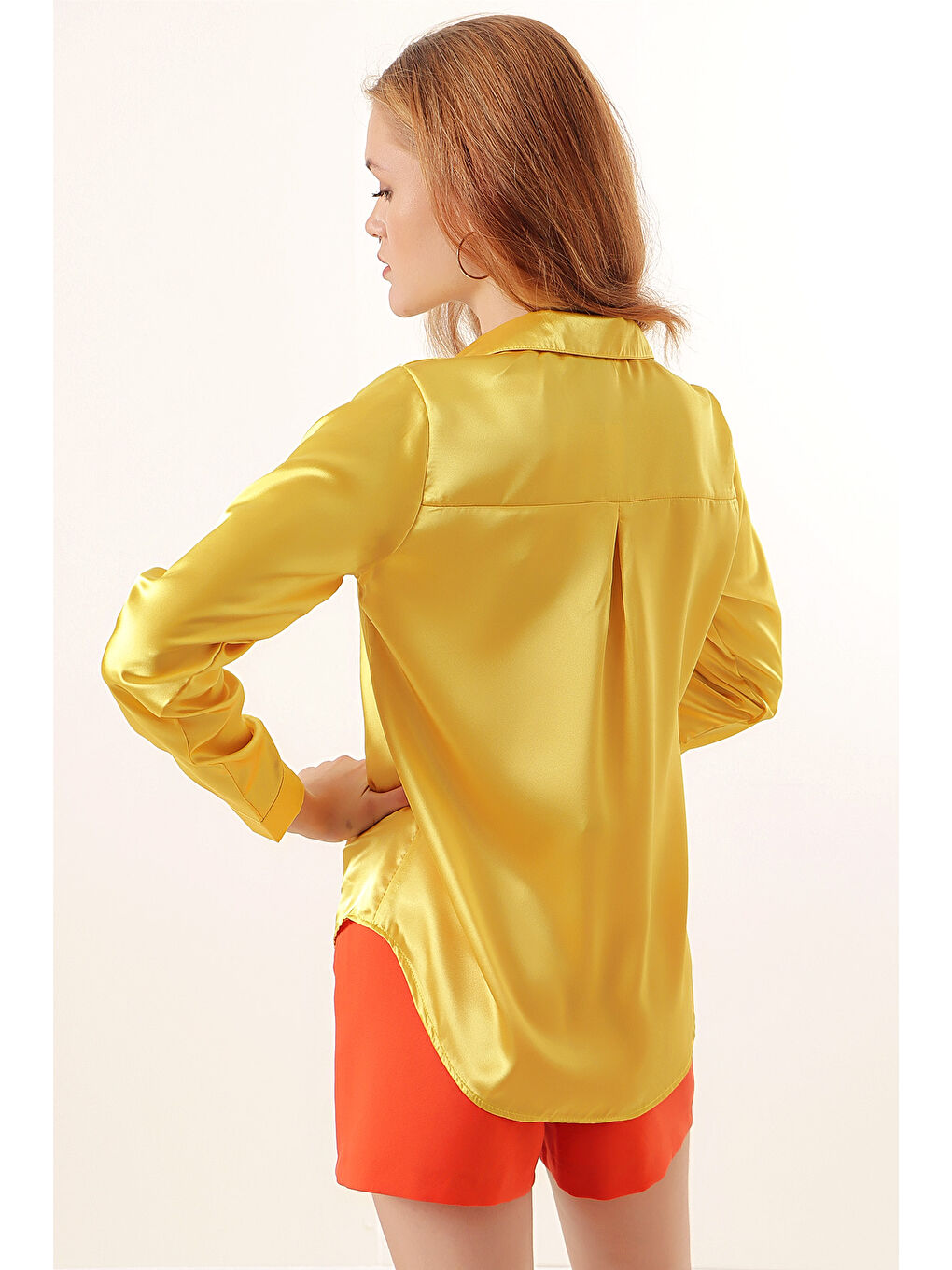 Bigdart Sari 3964 Hafif Dökümlü Saten Gömlek - Sarı - 5