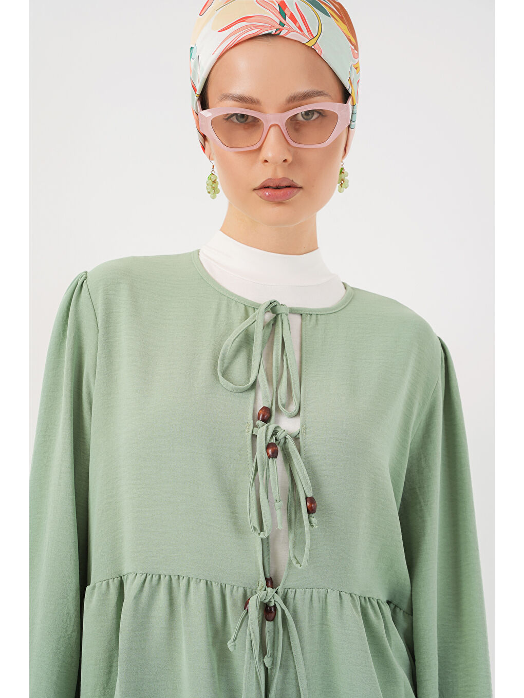 Yeşil Kadın Önü Bağcıklı Tunik Pantolon İkili Takım 6744 - Mint-1