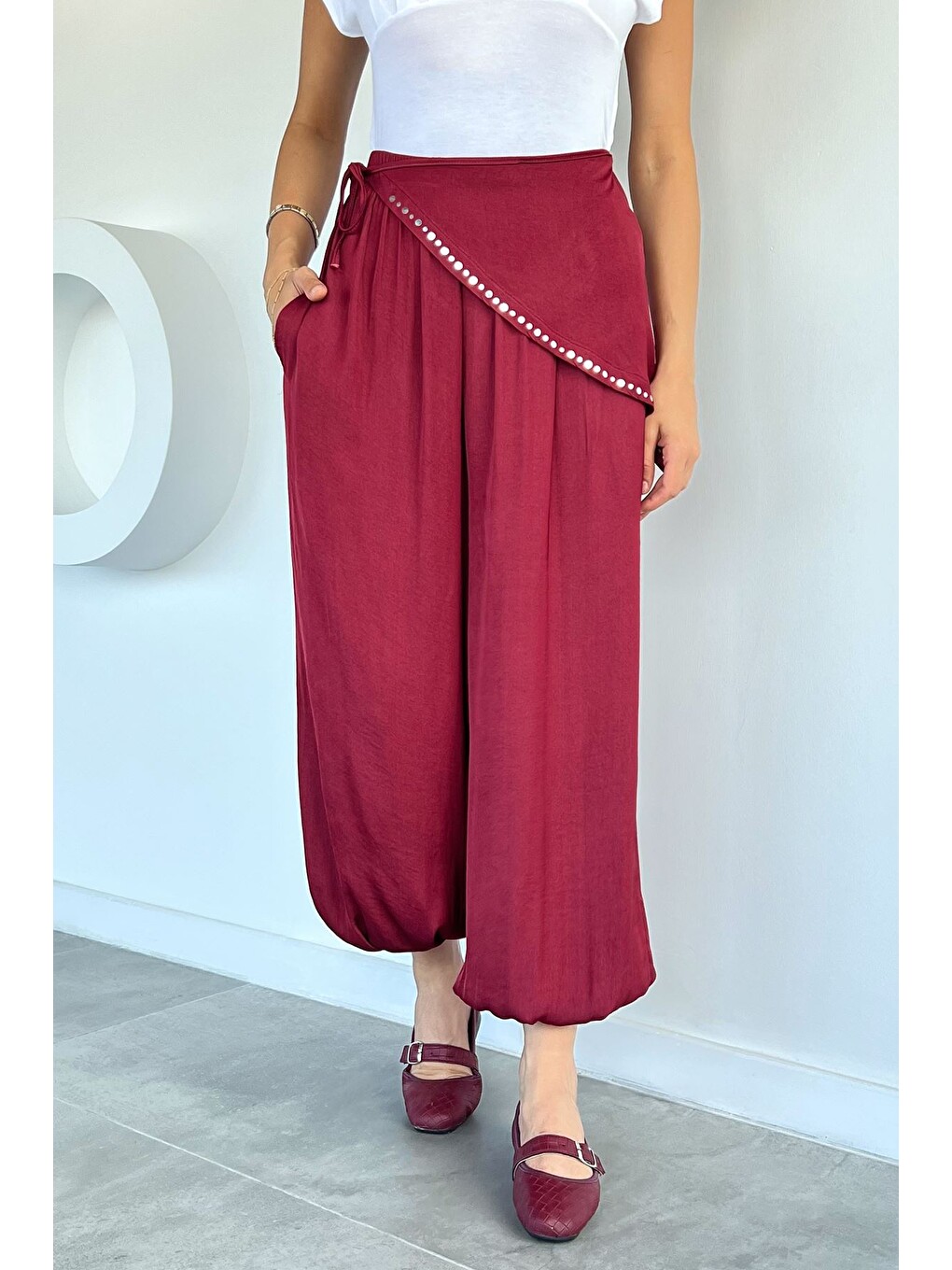 Bordo Kadın Bandanalı Saten Şalvar Pantolon-1