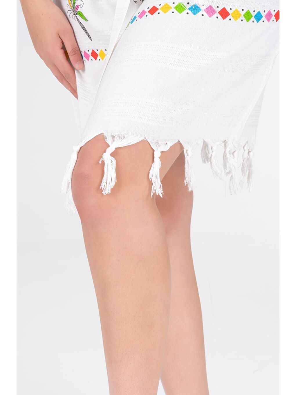 Ekru Baskılı Bambu Plaj Elbisesi-5