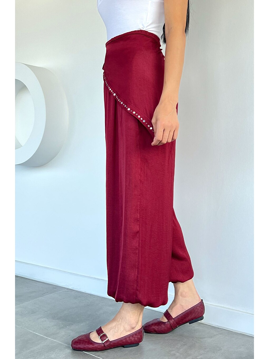 Bordo Kadın Bandanalı Saten Şalvar Pantolon-2