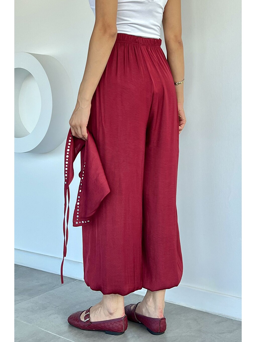 Bordo Kadın Bandanalı Saten Şalvar Pantolon-3