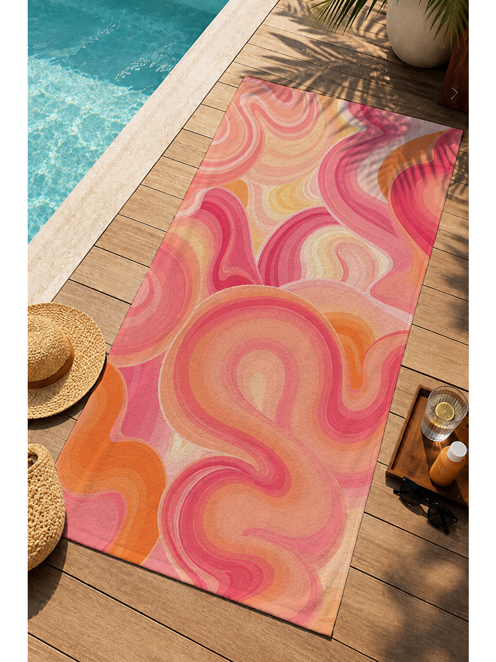 Retro Pembe Turuncu Dalgalı Psychedelic Desenli 70x150 Plaj Havlusu - Dijital Baskılı Banyo Havlusu-3
