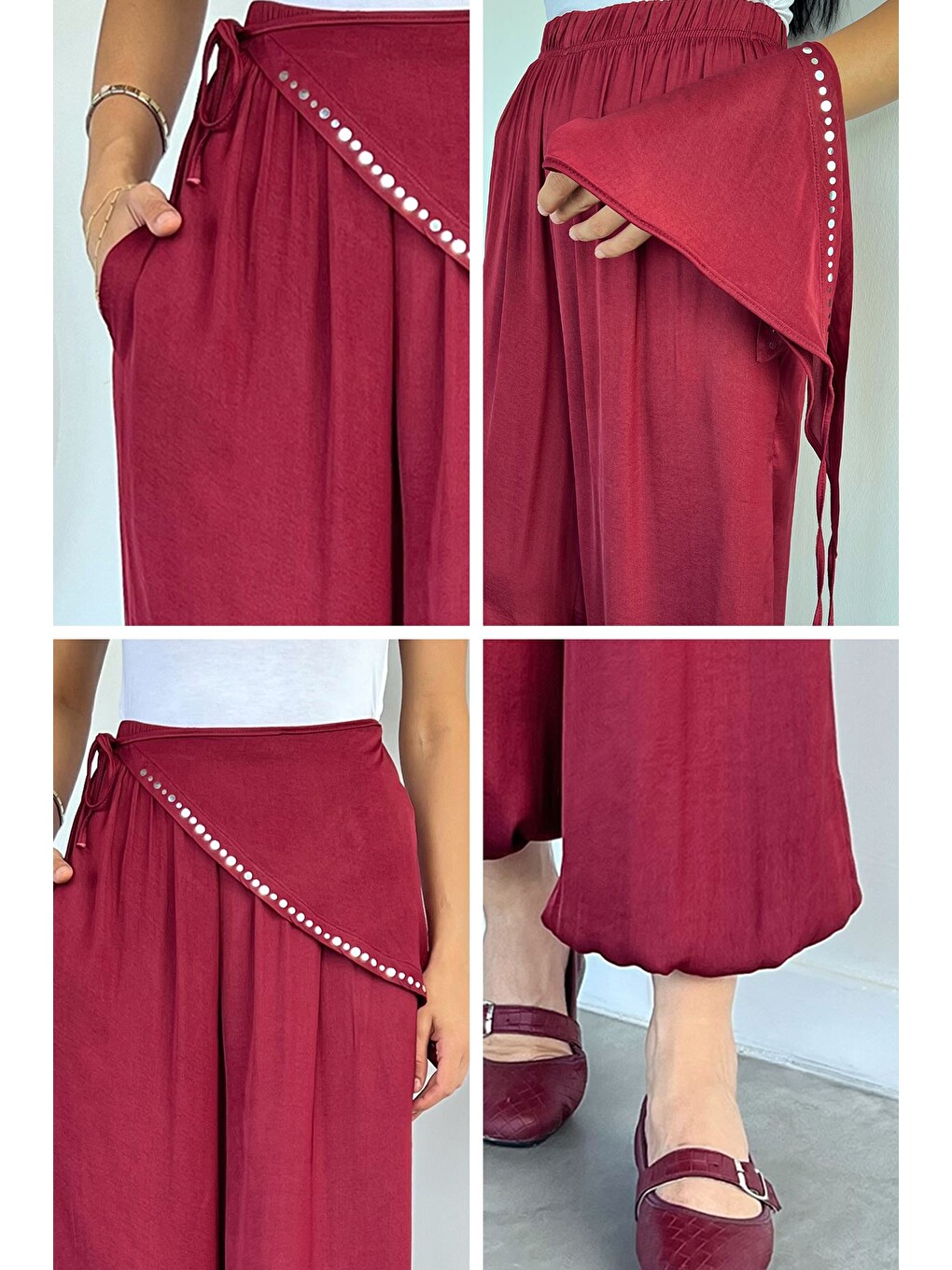 Bordo Kadın Bandanalı Saten Şalvar Pantolon-4