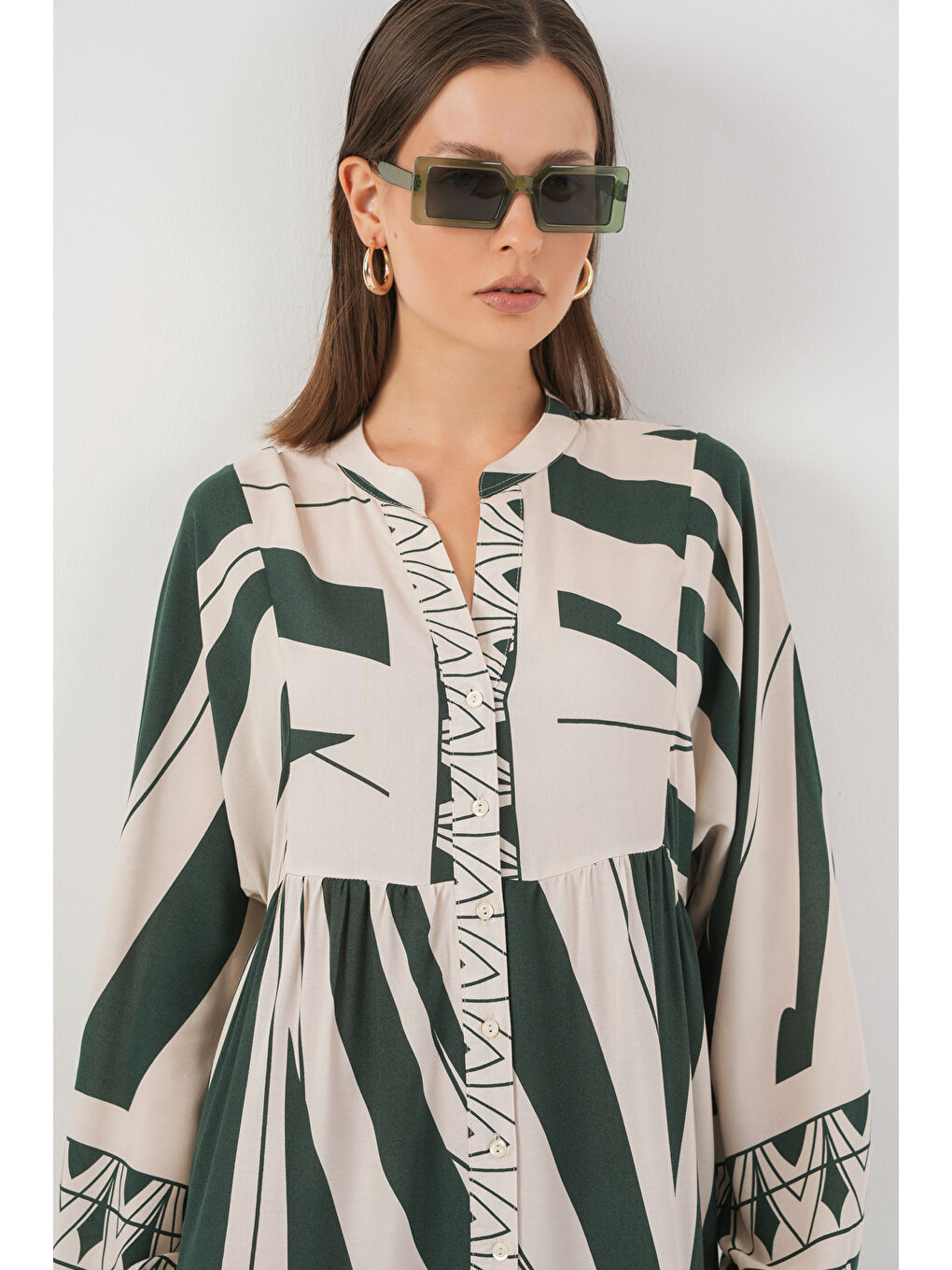 Turkuaz Kadın Desenli Uzun Tesettür Elbise 2585 - A. Zümrüt Yeşili-1