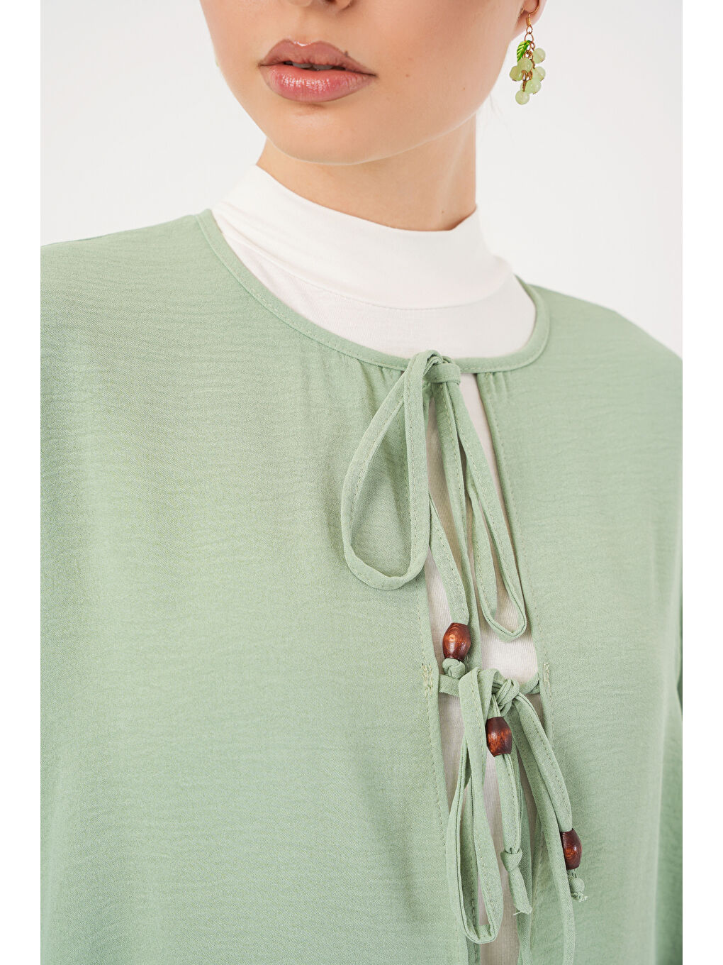 Yeşil Kadın Önü Bağcıklı Tunik Pantolon İkili Takım 6744 - Mint-3