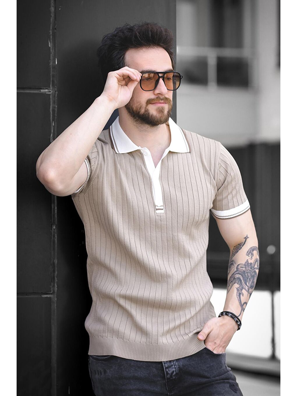 Bej Ferruc Çizgili Elastanlı Slim Fit Renkli Polo Yaka Örme Erkek Triko Tişört