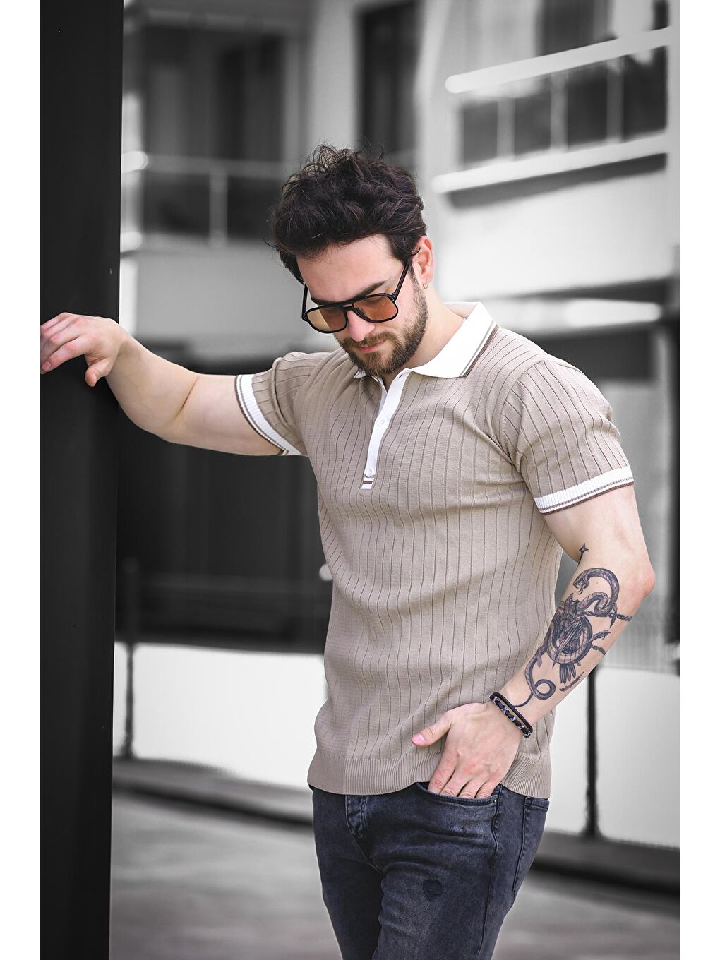 Bej Ferruc Çizgili Elastanlı Slim Fit Renkli Polo Yaka Örme Erkek Triko Tişört-1