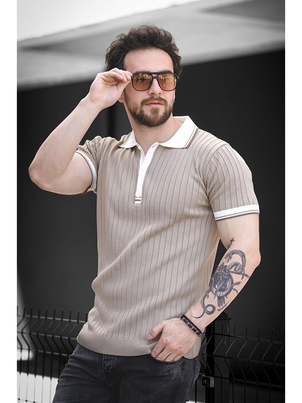 Bej Ferruc Çizgili Elastanlı Slim Fit Renkli Polo Yaka Örme Erkek Triko Tişört-2