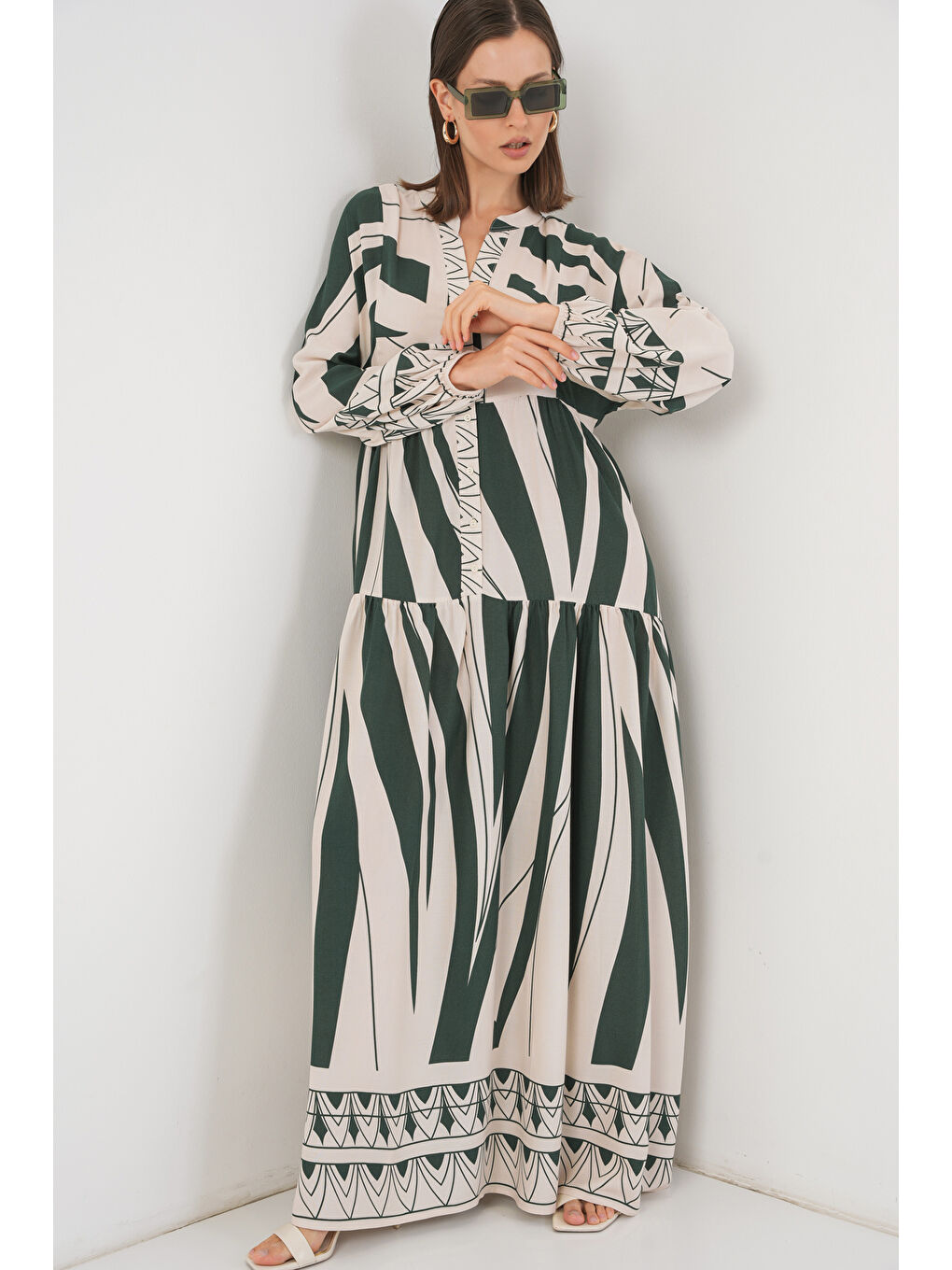 Turkuaz Kadın Desenli Uzun Tesettür Elbise 2585 - A. Zümrüt Yeşili-2