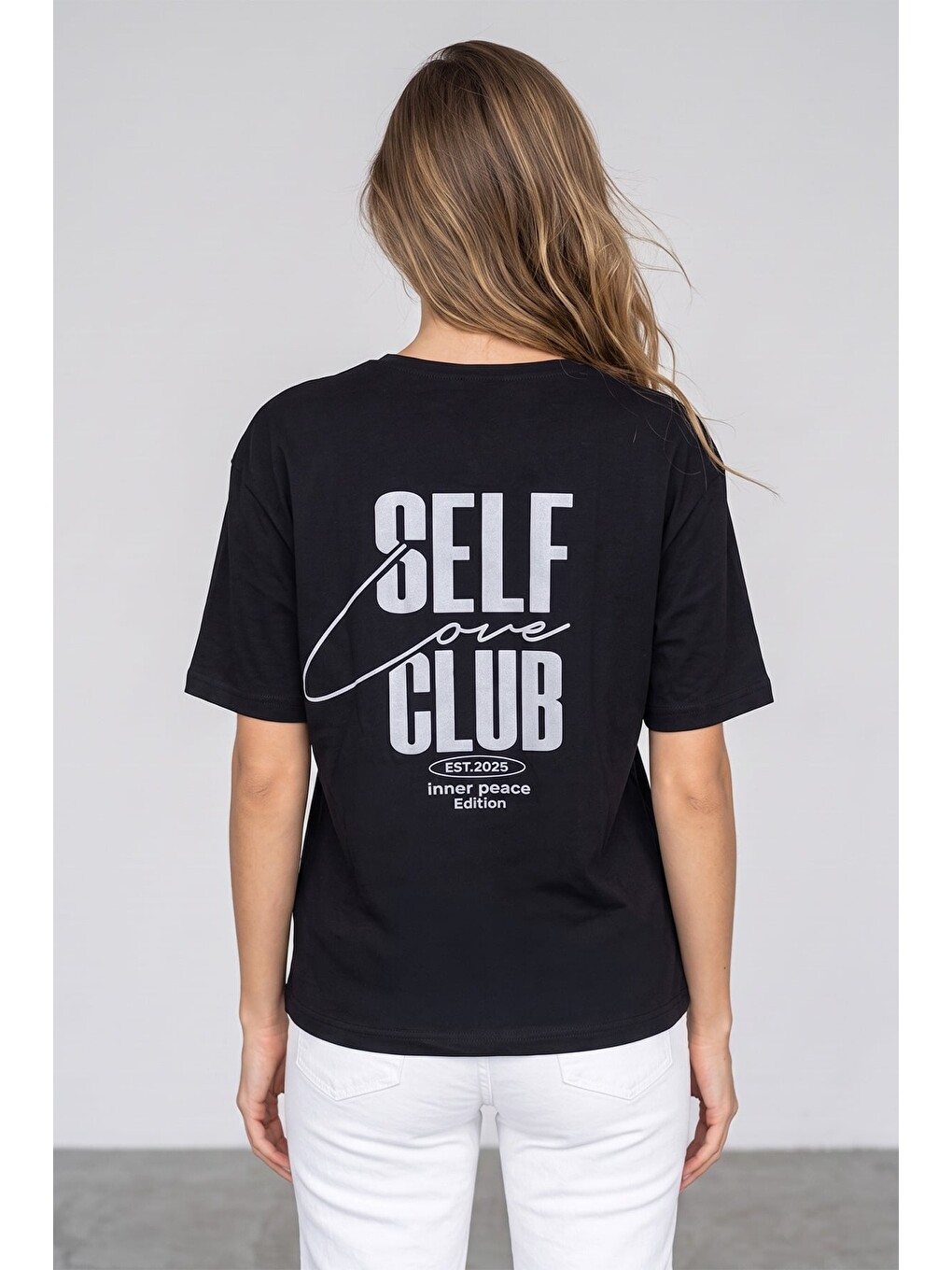 Siyah Self Love Club Baskılı Salaş Tişört-1