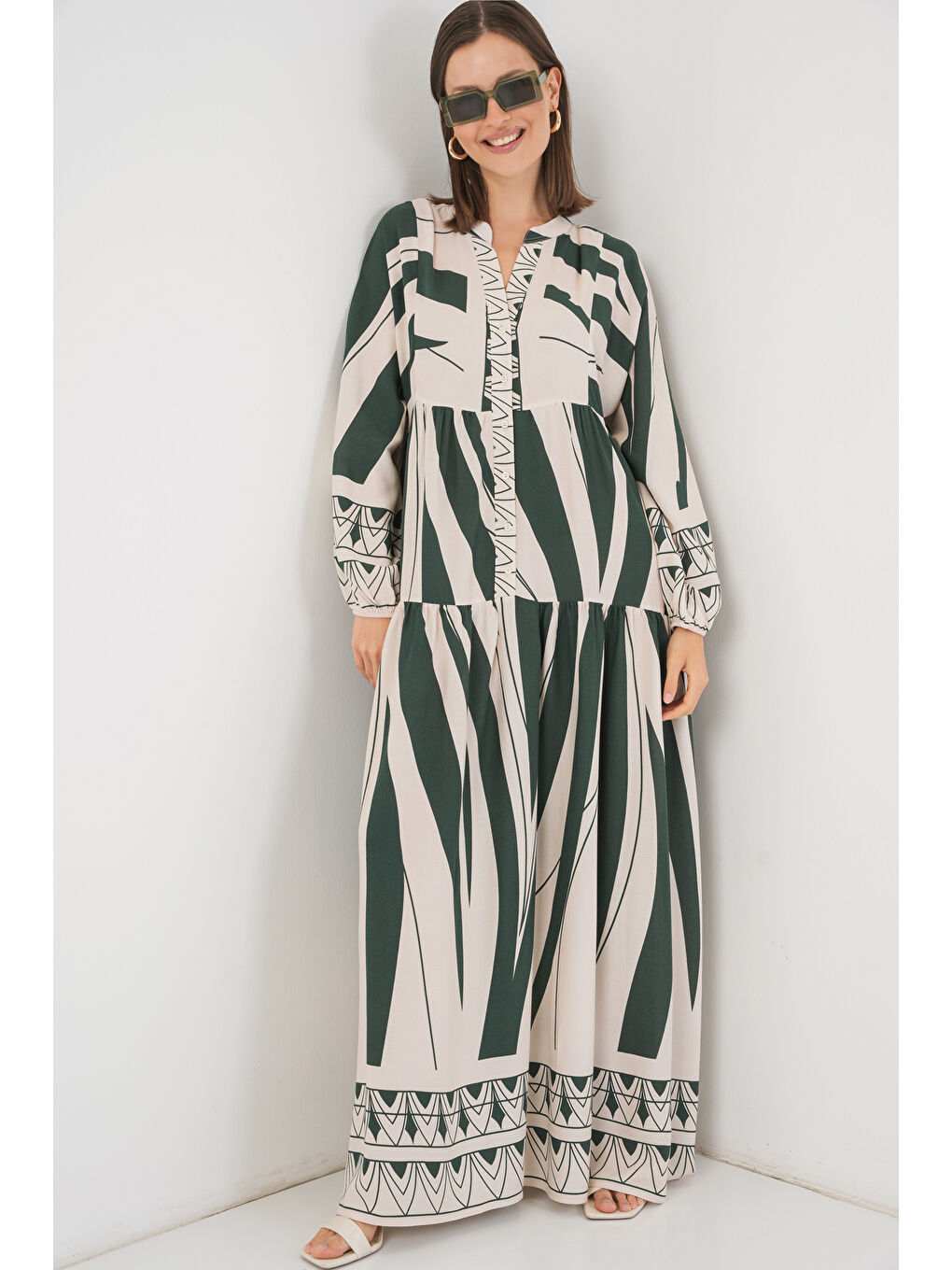 Turkuaz Kadın Desenli Uzun Tesettür Elbise 2585 - A. Zümrüt Yeşili-3