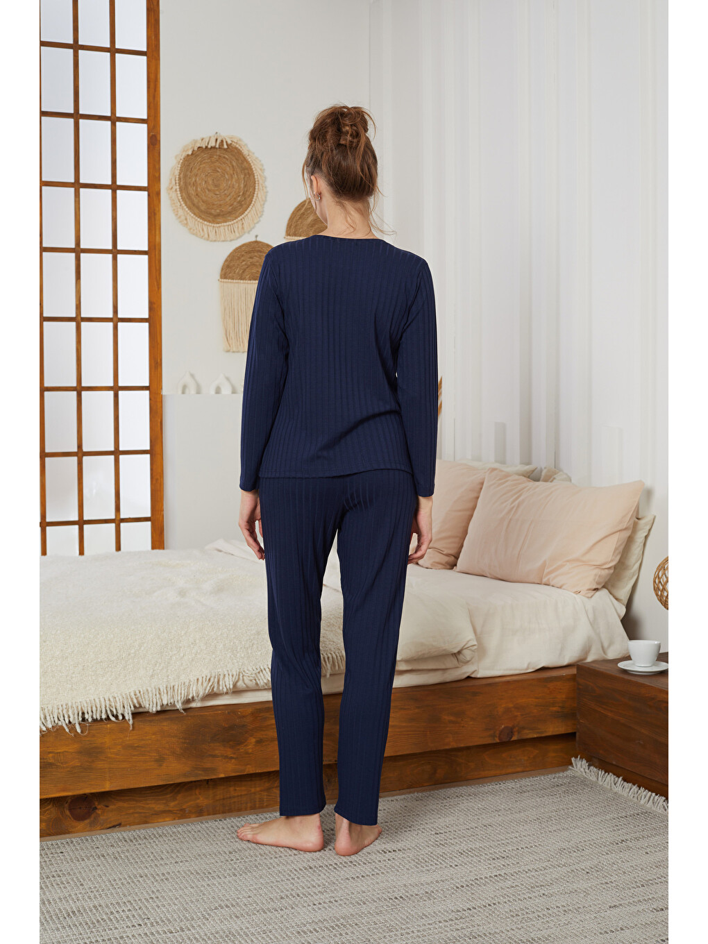 Lacivert Kalp Nakışlı Fitilli Örme Pijama Takım25226003-2