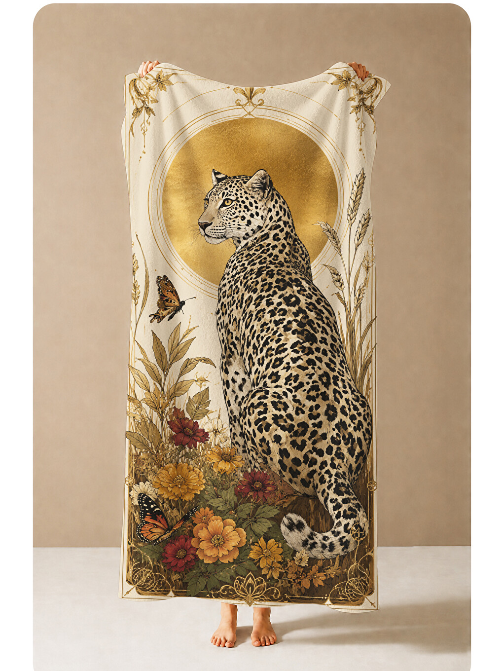 Yeşil Vintage Leopar Kelebek Ve Botanik Çiçek Desenli 70x150 Plaj Havlusu - Pamuklu Banyo Havlusu
