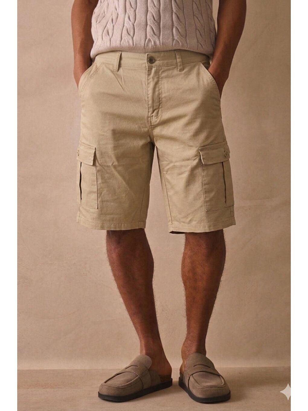 Bej Çok Cepli Yazlık Rahat Kargo Şort