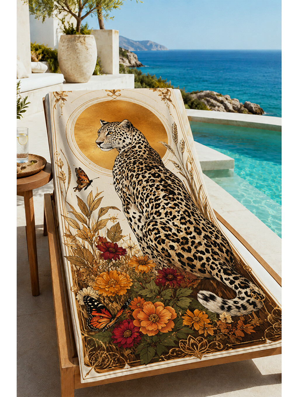 Yeşil Vintage Leopar Kelebek Ve Botanik Çiçek Desenli 70x150 Plaj Havlusu - Pamuklu Banyo Havlusu-1