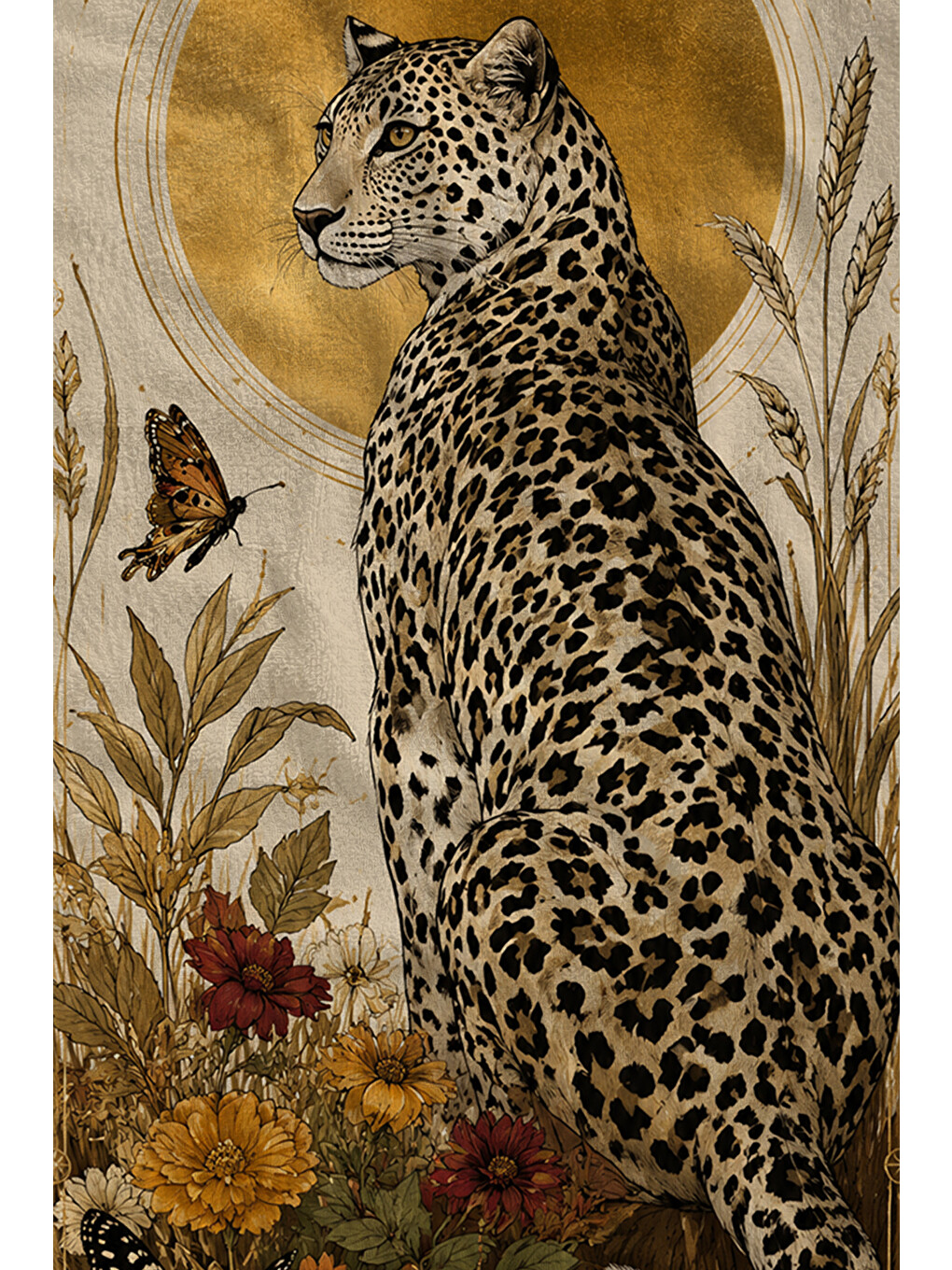 Yeşil Vintage Leopar Kelebek Ve Botanik Çiçek Desenli 70x150 Plaj Havlusu - Pamuklu Banyo Havlusu-2
