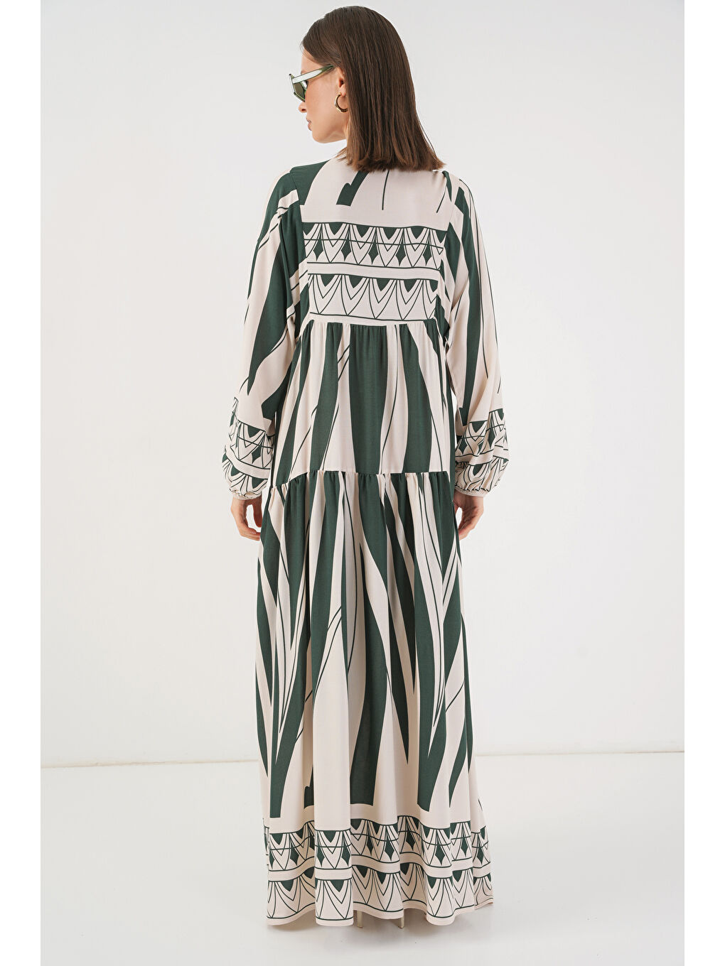 Turkuaz Kadın Desenli Uzun Tesettür Elbise 2585 - A. Zümrüt Yeşili-5