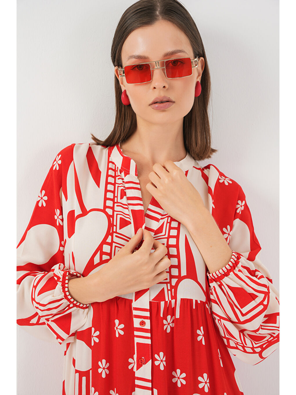 Kadın Desenli Uzun Tesettür Elbise 2585 - N. Kırmızı-1