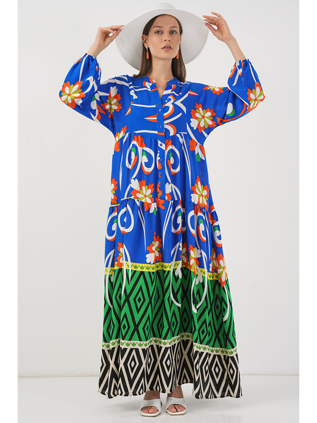 Kadın Desenli Uzun Tesettür Elbise 2585 - A.Turuncu