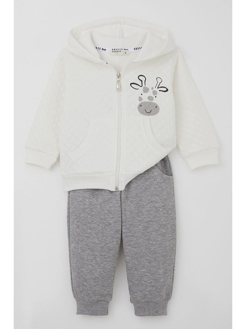 Erkek Bebek Eşofman Takımı Sevimli Zürafa Baskılı Kapitone Desenli Ekru (6 Ay-1.5 Yaş)-3