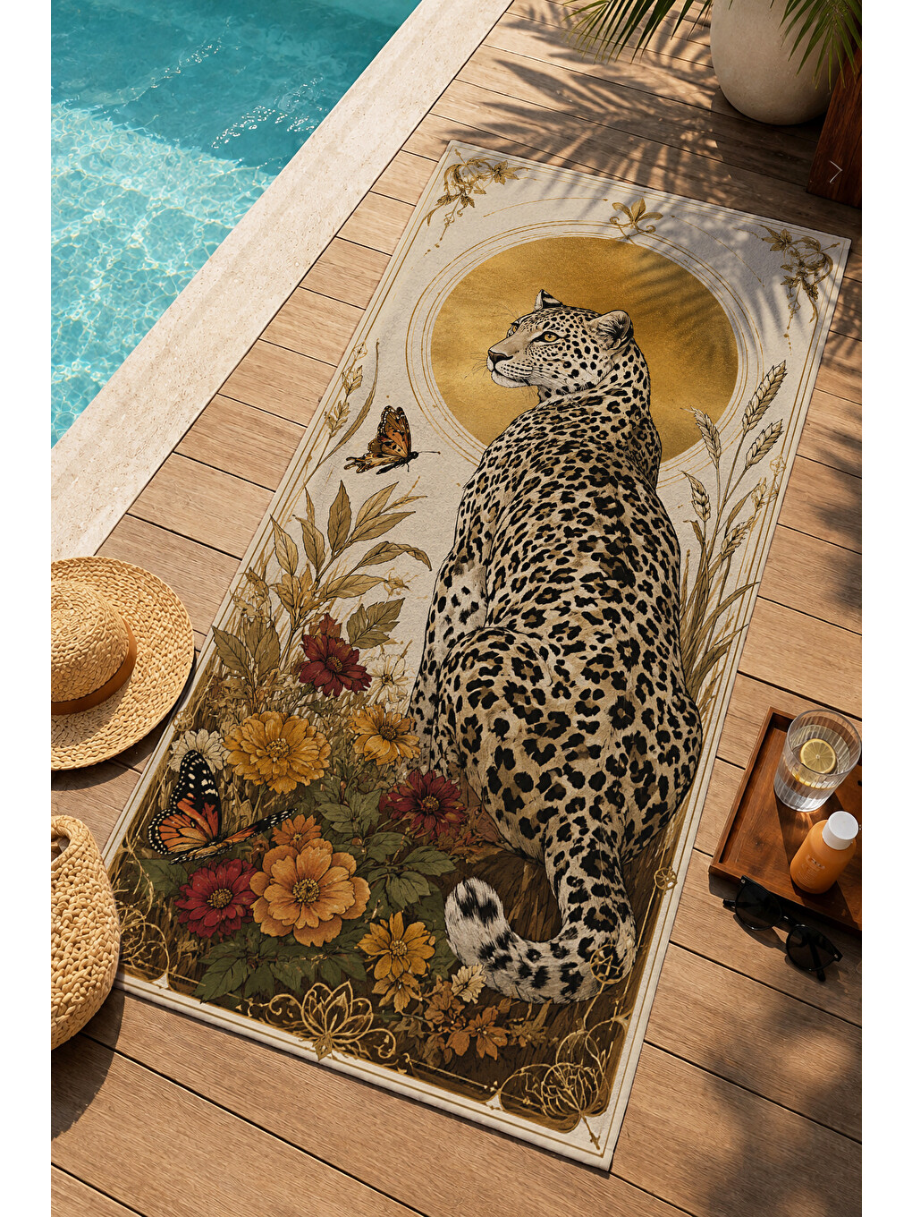 Yeşil Vintage Leopar Kelebek Ve Botanik Çiçek Desenli 70x150 Plaj Havlusu - Pamuklu Banyo Havlusu-3