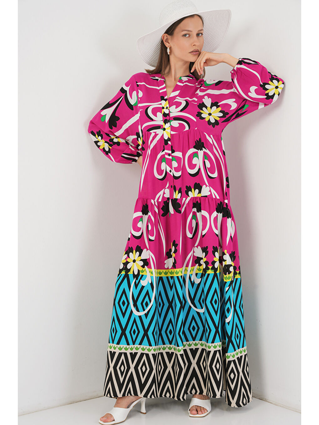 Kadın Desenli Uzun Tesettür Elbise 2585 - A.Fuşya