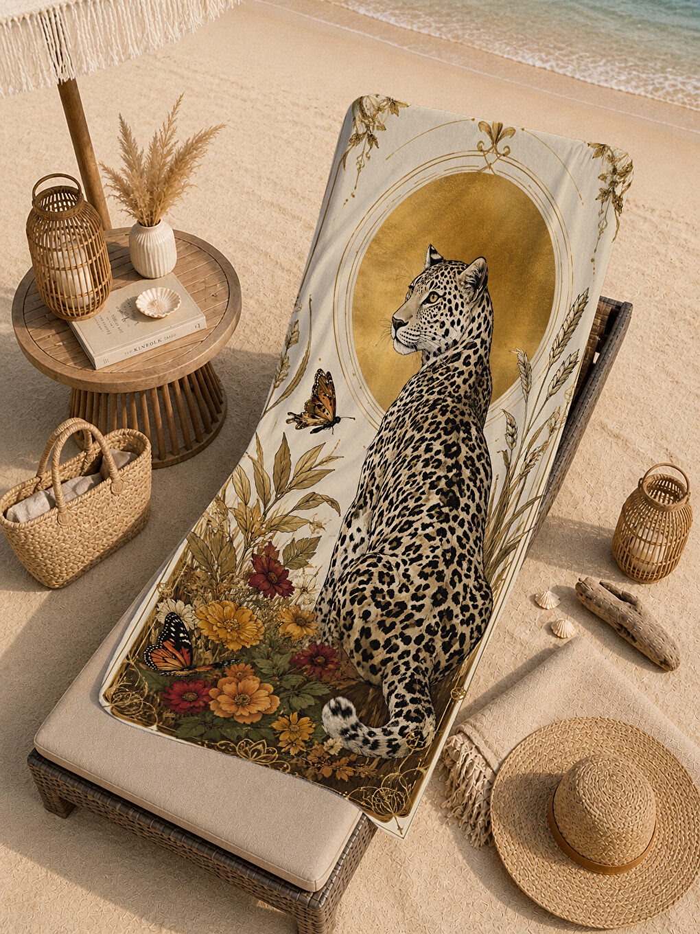 Yeşil Vintage Leopar Kelebek Ve Botanik Çiçek Desenli 70x150 Plaj Havlusu - Pamuklu Banyo Havlusu-4