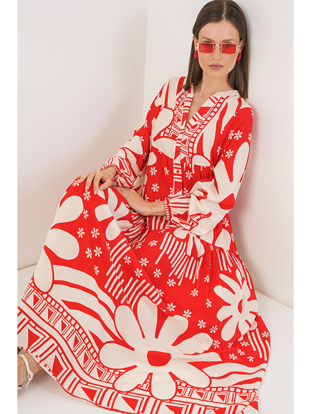 Kadın Desenli Uzun Tesettür Elbise 2585 - N. Kırmızı-2