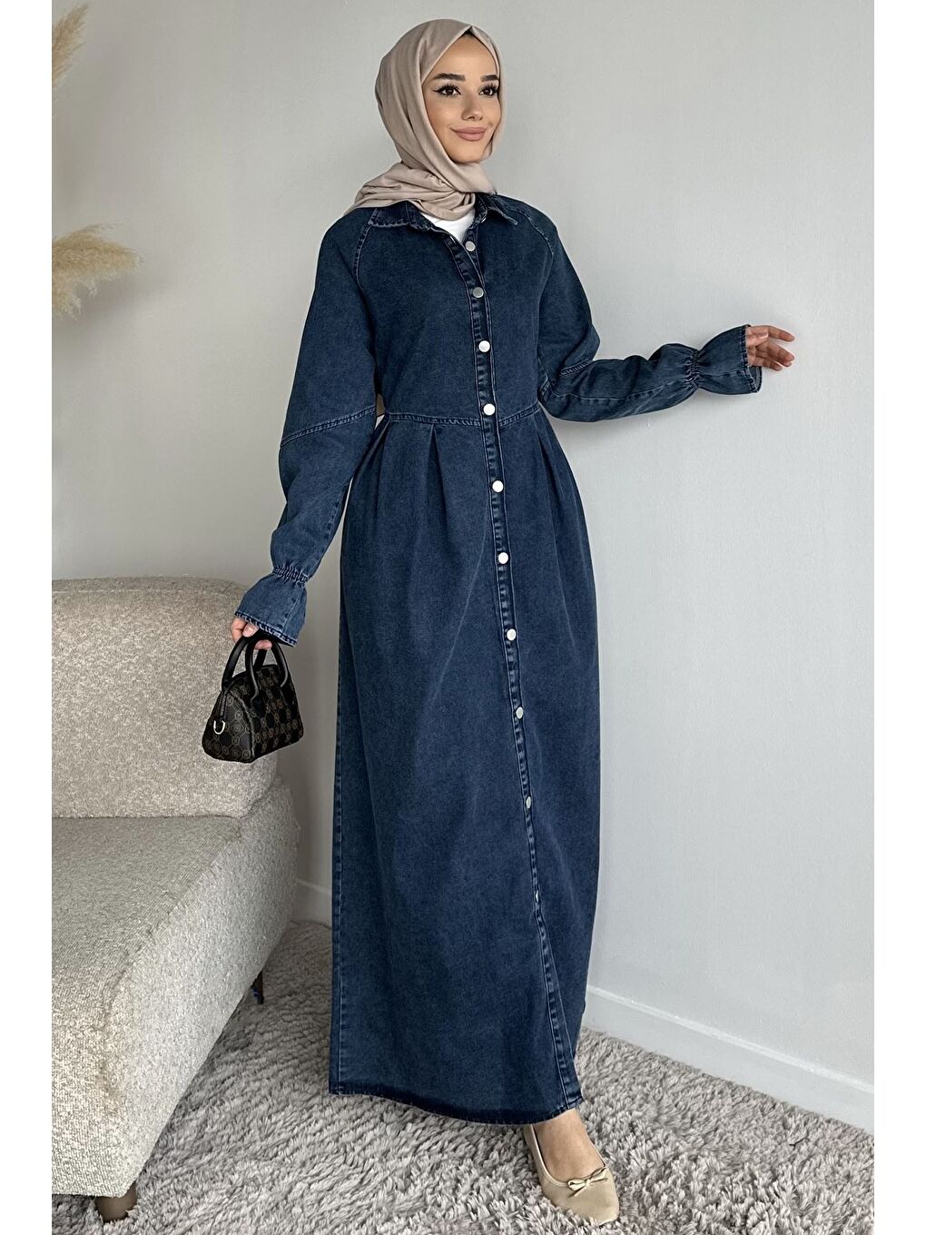 Mavi Ön Düğmeli Tesettür Jean Jean Elbise-1