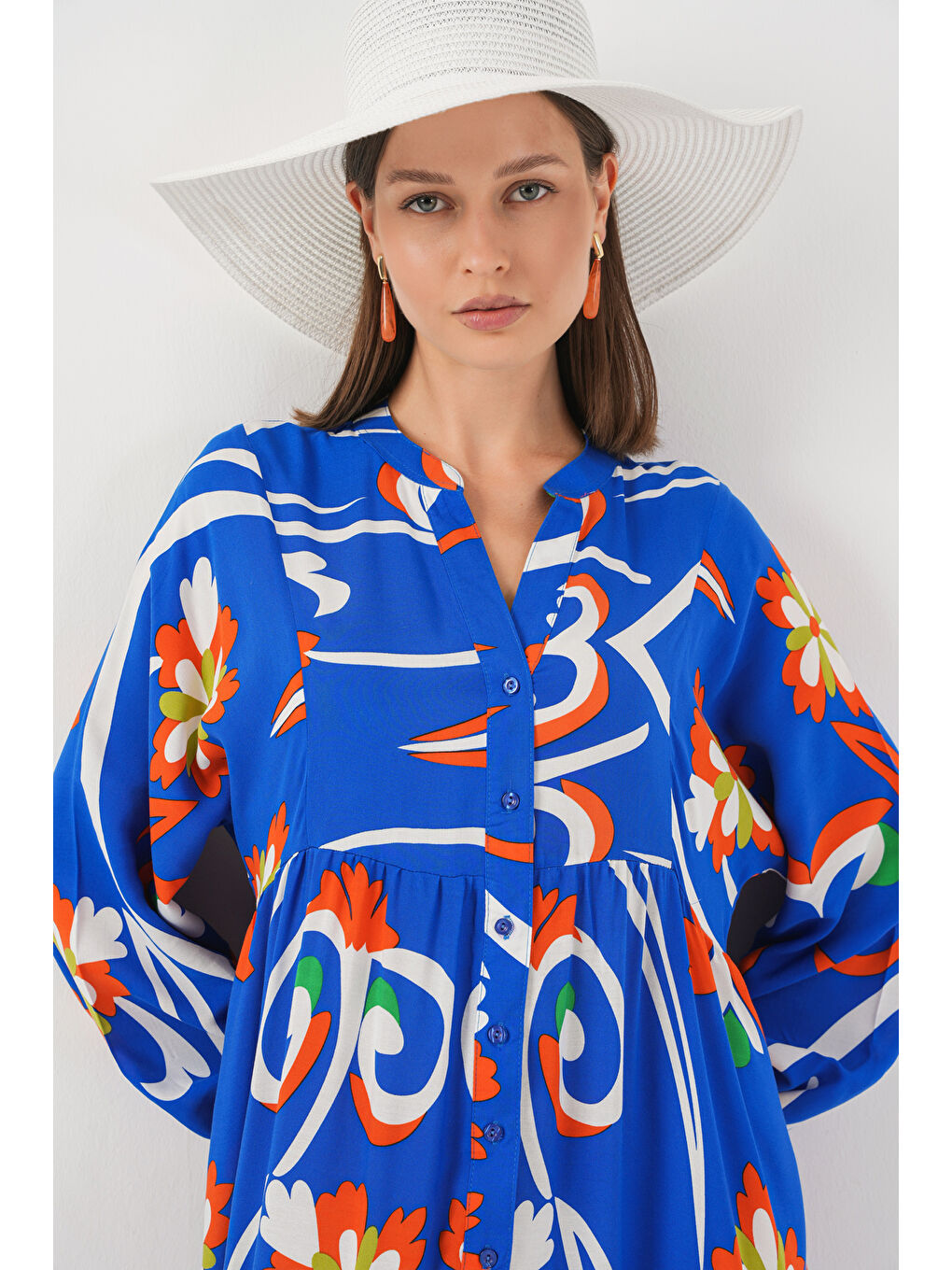 Kadın Desenli Uzun Tesettür Elbise 2585 - A.Turuncu-1