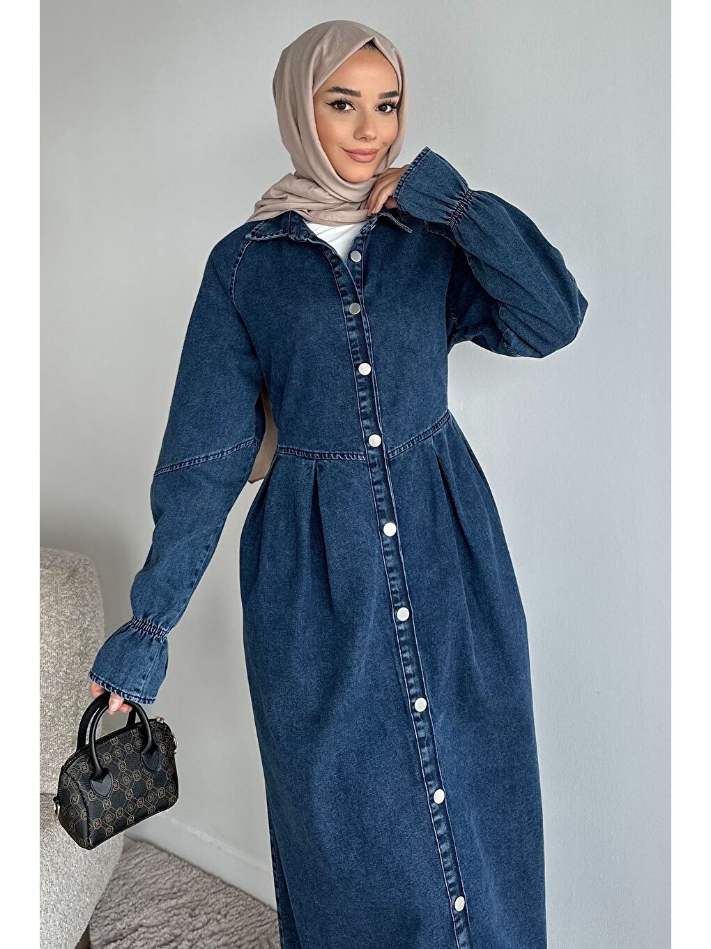 Mavi Ön Düğmeli Tesettür Jean Jean Elbise-2