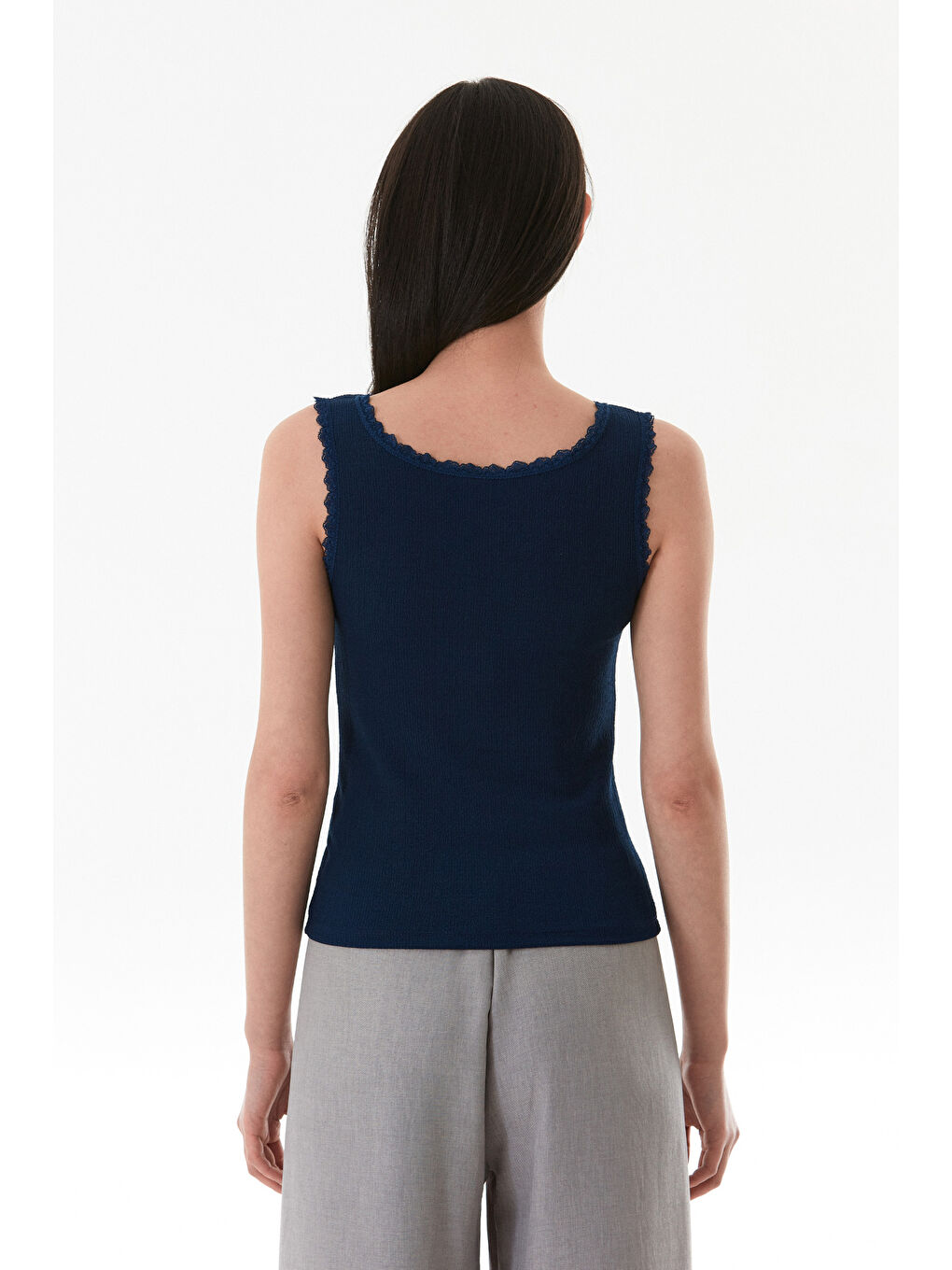 Lacivert Bürümcük Kumaş Dantelli Askılı Body-3