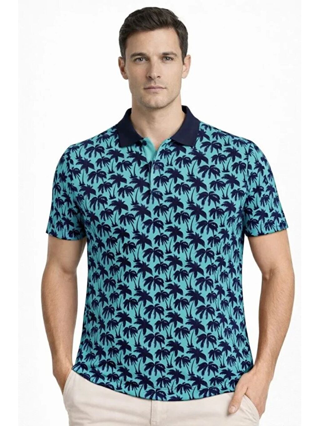 Turkuaz Erkek Pike Kumaş Polo Yaka Palmiye Desenli Tişört-1