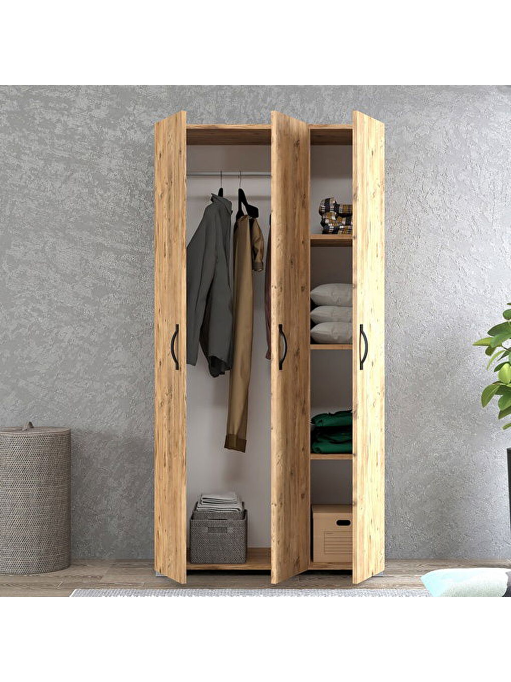 Kahverengi Milan 3 Kapaklı Gardırop - Atlantik Çam - 177x42x90 cm-1