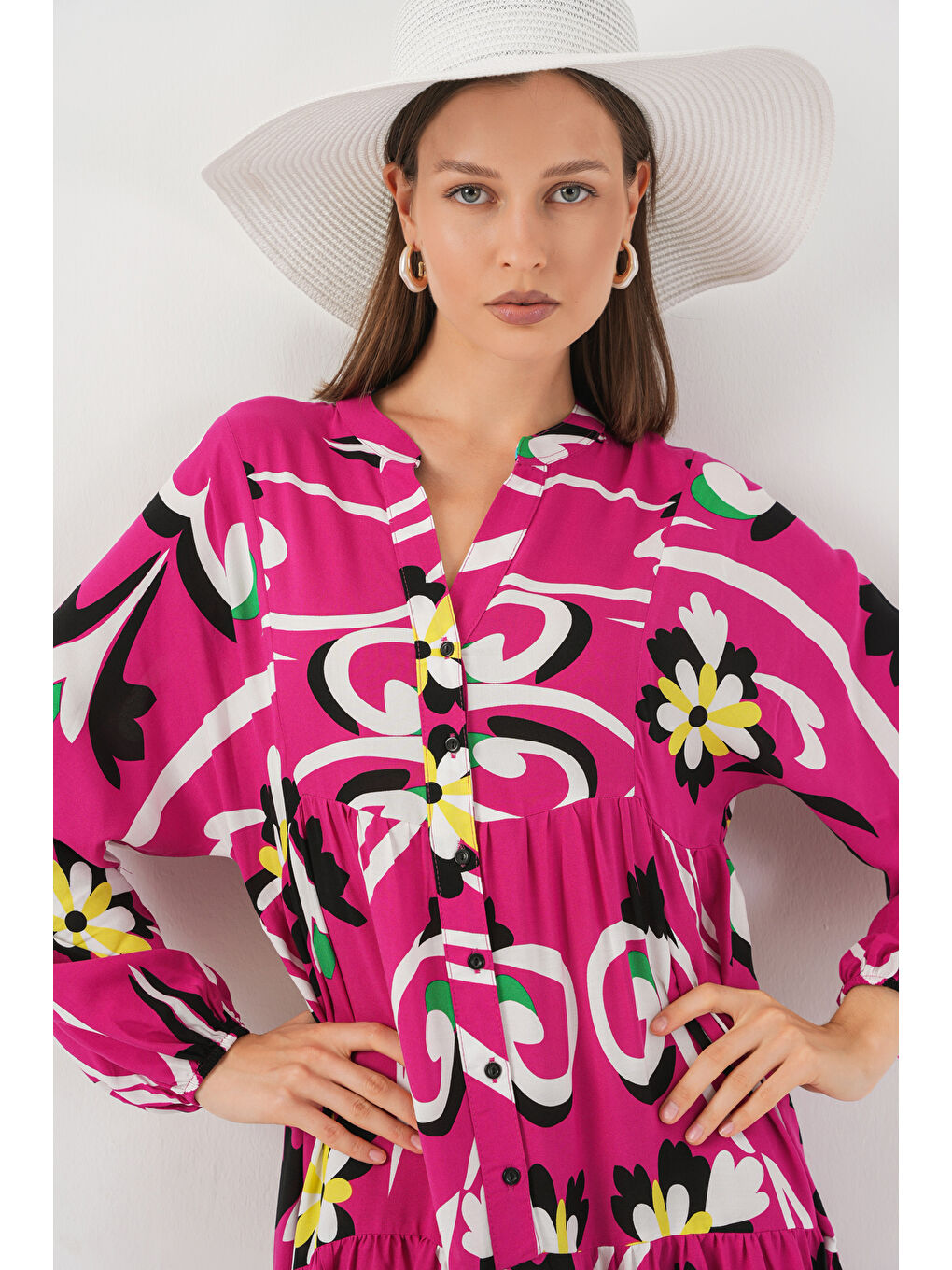 Kadın Desenli Uzun Tesettür Elbise 2585 - A.Fuşya-1