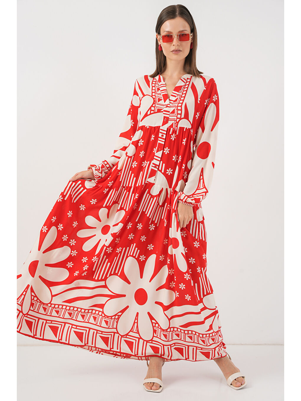 Kadın Desenli Uzun Tesettür Elbise 2585 - N. Kırmızı-3