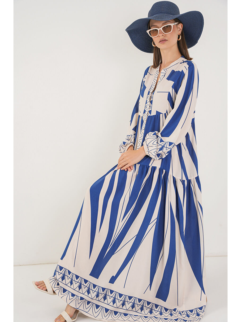 Antrasit Kadın Desenli Uzun Tesettür Elbise 2585 - C. İndigo-1