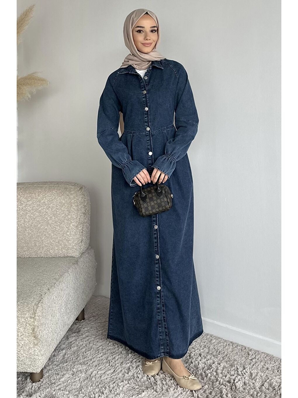 Mavi Ön Düğmeli Tesettür Jean Jean Elbise-5