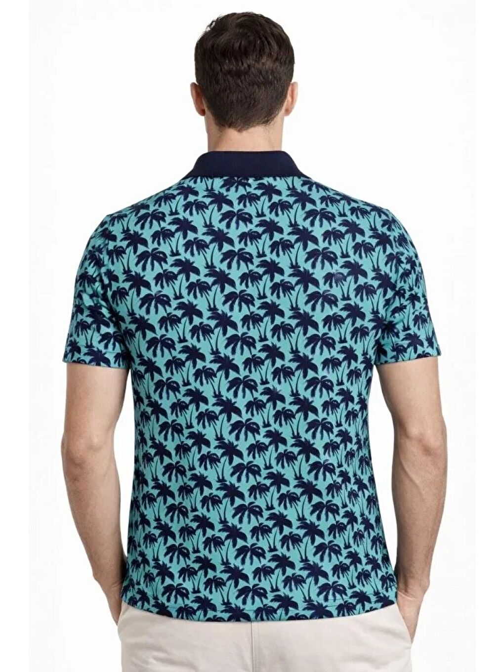 Turkuaz Erkek Pike Kumaş Polo Yaka Palmiye Desenli Tişört-2