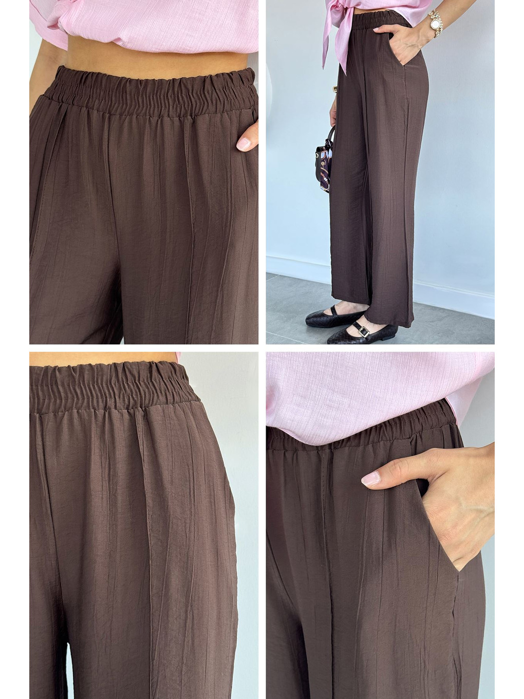 Kahverengi Çimalı Bol Paça Pantolon-1